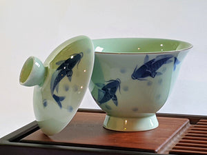 Jade Porcelain "Koi Frolicking" Gaiwan for Gong Fu Tea